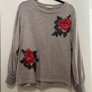 Pleione Slouchy Sweater With Rose Appliqués